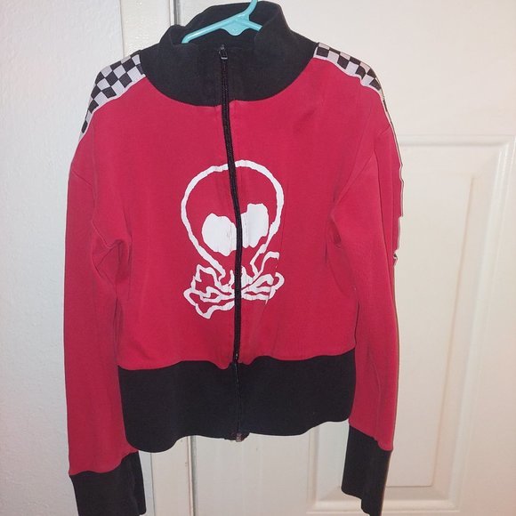 Red black & checkered skull & crossbones cropped moto sweatshirt - Picture 7 of 10